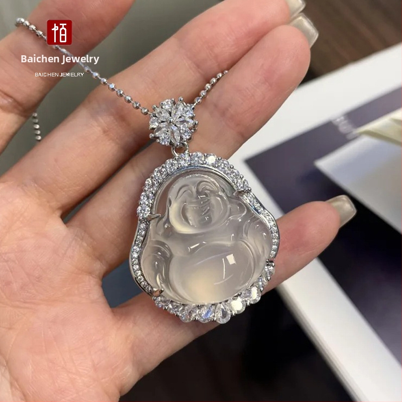 Baichen Jewelry Budha ripats kaelakee chalcedonist agatist, geomeetriline kuju, zirkoni seadistus, hõbedaga katetud