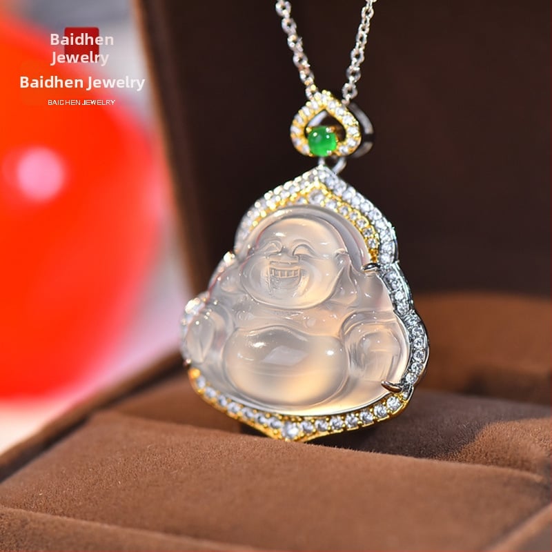 Baichen Jewelry Budha ripats kaelakee chalcedonist agatist, geomeetriline kuju, zirkoni seadistus, hõbedaga katetud