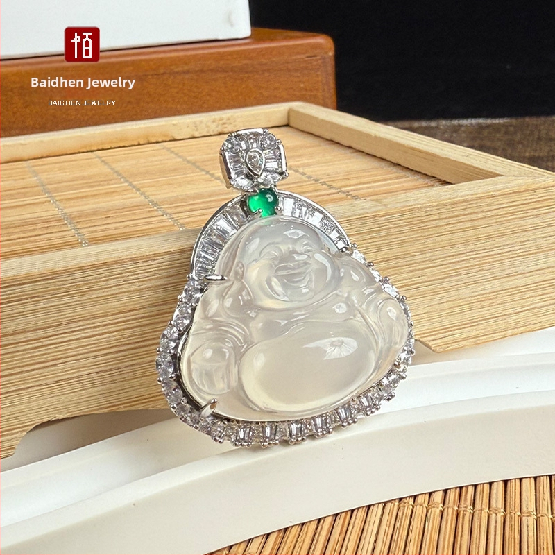 Baichen Jewelry Budha ripats kaelakee chalcedonist agatist, geomeetriline kuju, zirkoni seadistus, hõbedaga katetud