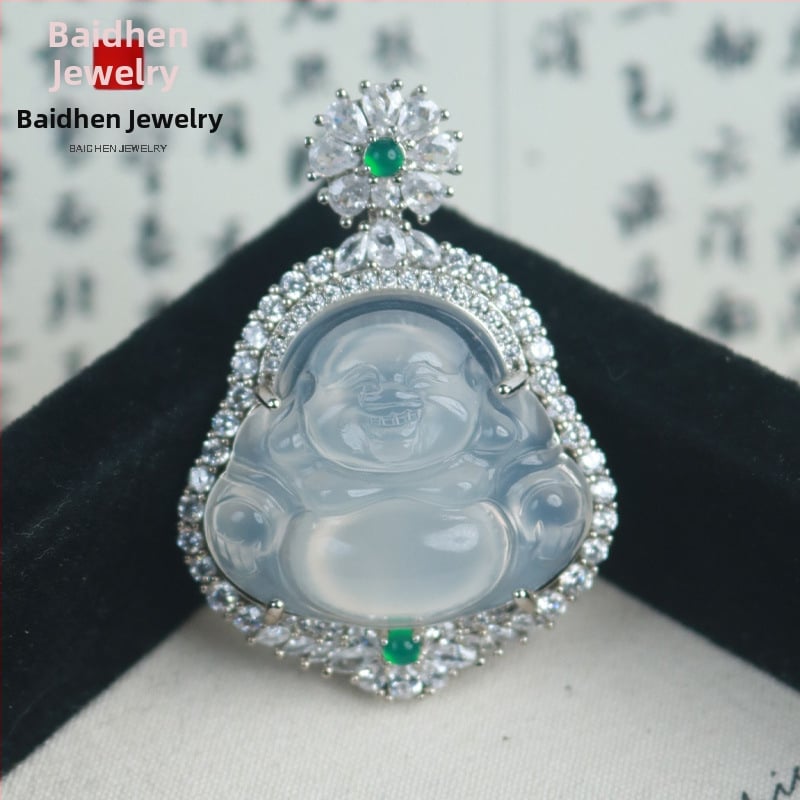 Baichen Jewelry Budha ripats kaelakee chalcedonist agatist, geomeetriline kuju, zirkoni seadistus, hõbedaga katetud
