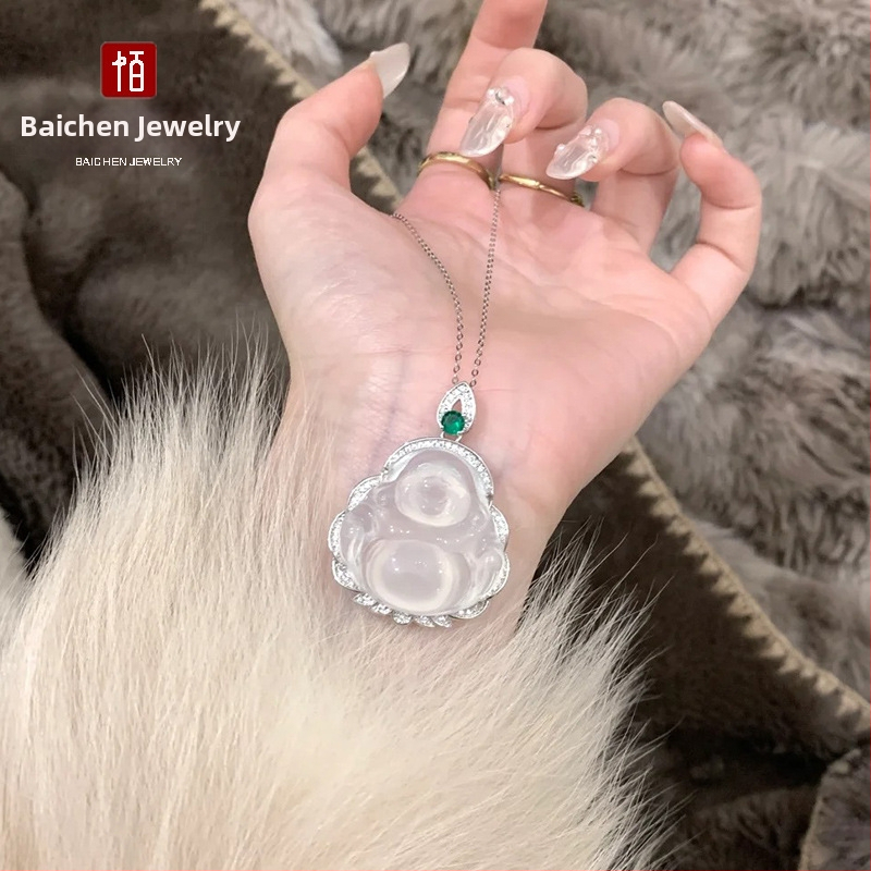 Baichen Jewelry Budha ripats kaelakee chalcedonist agatist, geomeetriline kuju, zirkoni seadistus, hõbedaga katetud
