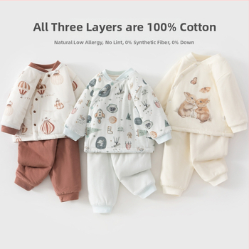 Bērnu ziemas kokvilnas komplekts – divu gabalu komplekts, 100% kokvilna, bieza siltināšana, garas piedurknes, bez kapuces, raksti ar dzīvniekiem un ziediem