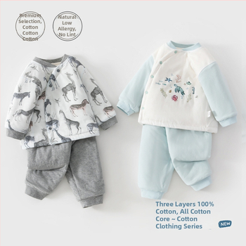 Bērnu ziemas kokvilnas komplekts – divu gabalu komplekts, 100% kokvilna, bieza siltināšana, garas piedurknes, bez kapuces, raksti ar dzīvniekiem un ziediem