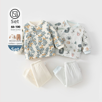 Bērnu ziemas kokvilnas komplekts – divu gabalu komplekts, 100% kokvilna, bieza siltināšana, garas piedurknes, bez kapuces, raksti ar dzīvniekiem un ziediem