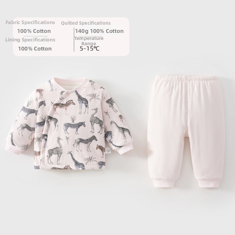 Bērnu ziemas kokvilnas komplekts – divu gabalu komplekts, 100% kokvilna, bieza siltināšana, garas piedurknes, bez kapuces, raksti ar dzīvniekiem un ziediem