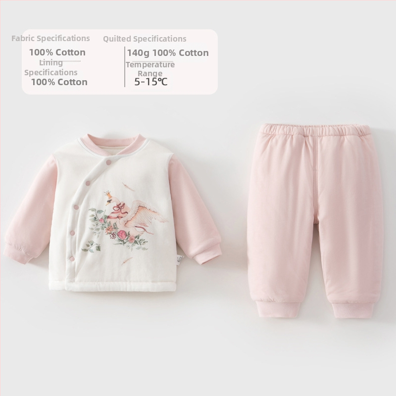 Bērnu ziemas kokvilnas komplekts – divu gabalu komplekts, 100% kokvilna, bieza siltināšana, garas piedurknes, bez kapuces, raksti ar dzīvniekiem un ziediem