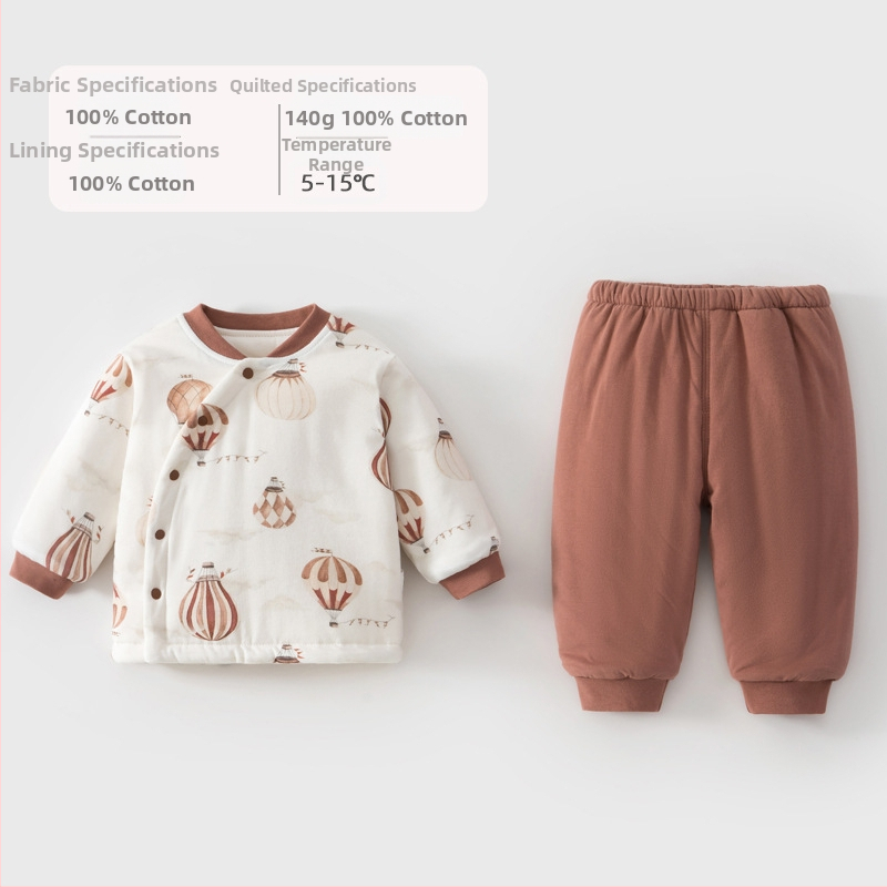 Bērnu ziemas kokvilnas komplekts – divu gabalu komplekts, 100% kokvilna, bieza siltināšana, garas piedurknes, bez kapuces, raksti ar dzīvniekiem un ziediem