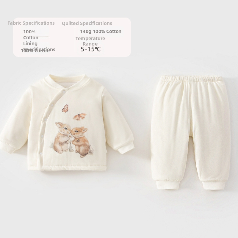 Bērnu ziemas kokvilnas komplekts – divu gabalu komplekts, 100% kokvilna, bieza siltināšana, garas piedurknes, bez kapuces, raksti ar dzīvniekiem un ziediem