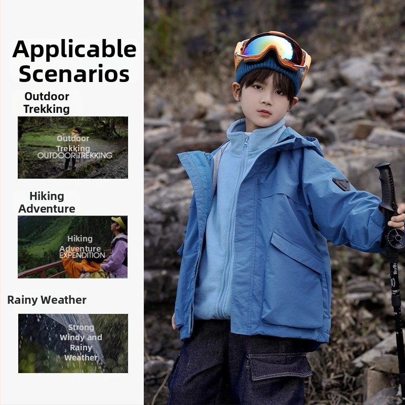 Vaiko striukė-trijų viename: vandeniškumas 8000 mm, kvėpavimo geba 10001–15000 mm, nuimama fliso įdaila, gobtuvas, unisex