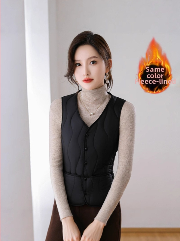 Naiste vest down-põhja täidisega, fleece vooder, paks, kitsas lõige, V-kaelus