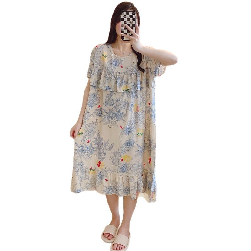 Νυχτικό από βαμβάκι-σίλκα, στρογγυλό λαιμό, μανίκια 3/4, λεπτή ύφανση, αντιβακτηριακό