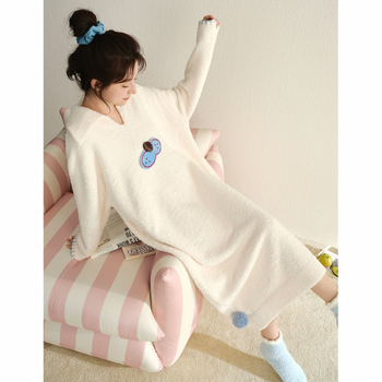 Σετ νυχτικού για κορίτσια το χειμώνα: νυχτικό σε ένα κομμάτι με μισό βελούδο, γλυκό στυλ, στρογγυλός λαιμός, μακριά μανίκια, μακριά φούστα