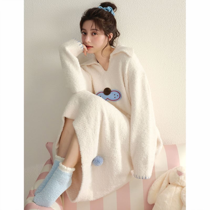 Σετ νυχτικού για κορίτσια το χειμώνα: νυχτικό σε ένα κομμάτι με μισό βελούδο, γλυκό στυλ, στρογγυλός λαιμός, μακριά μανίκια, μακριά φούστα