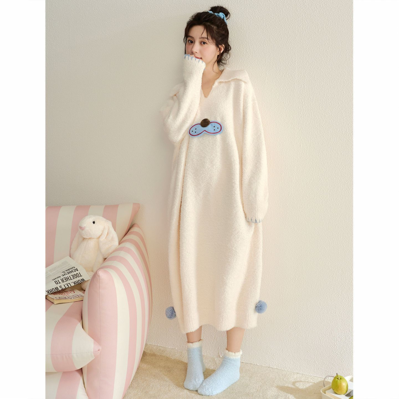 Σετ νυχτικού για κορίτσια το χειμώνα: νυχτικό σε ένα κομμάτι με μισό βελούδο, γλυκό στυλ, στρογγυλός λαιμός, μακριά μανίκια, μακριά φούστα