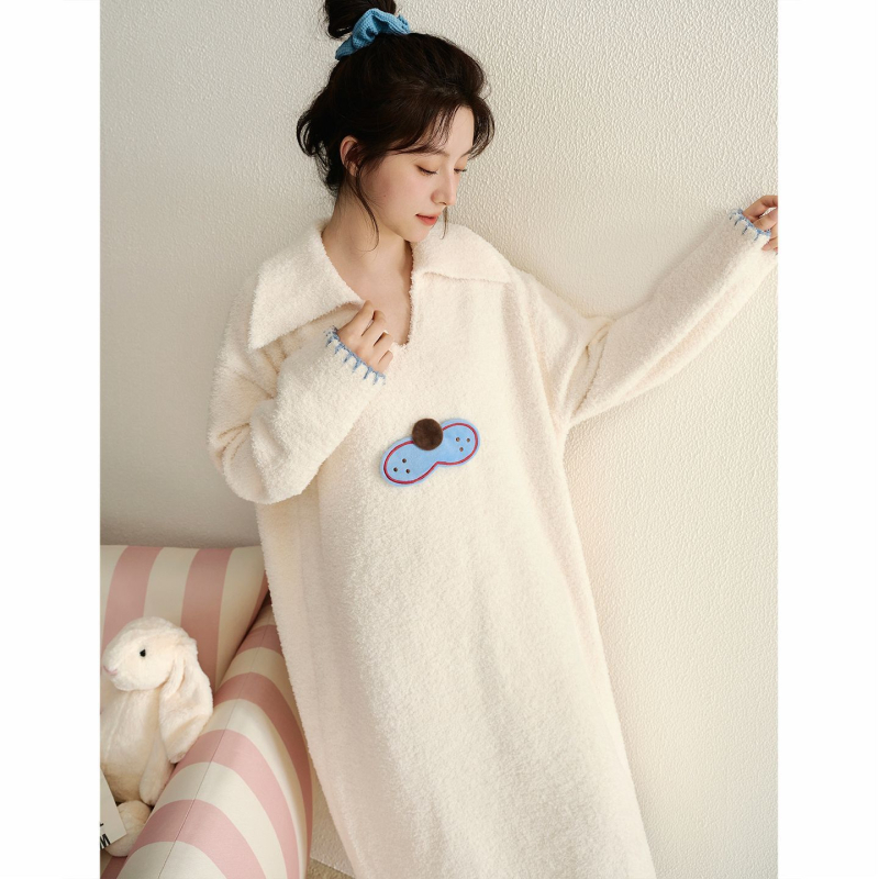 Σετ νυχτικού για κορίτσια το χειμώνα: νυχτικό σε ένα κομμάτι με μισό βελούδο, γλυκό στυλ, στρογγυλός λαιμός, μακριά μανίκια, μακριά φούστα