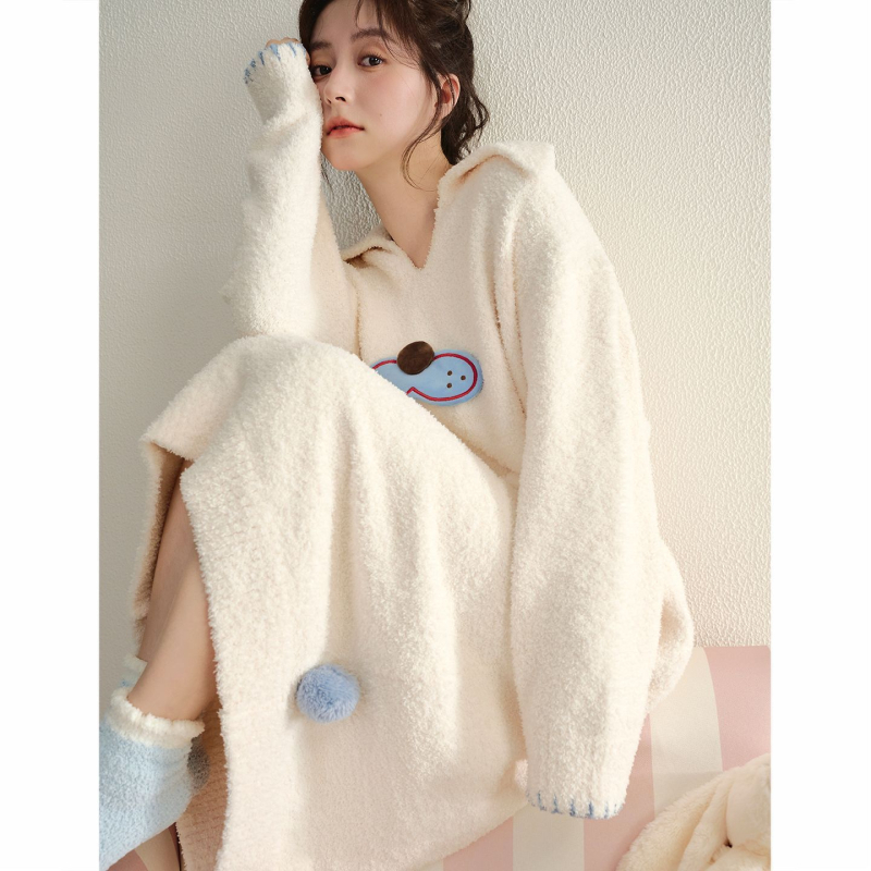 Σετ νυχτικού για κορίτσια το χειμώνα: νυχτικό σε ένα κομμάτι με μισό βελούδο, γλυκό στυλ, στρογγυλός λαιμός, μακριά μανίκια, μακριά φούστα