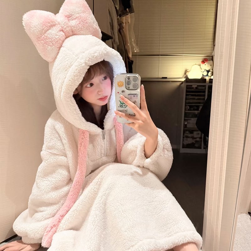 Σετ νυχτικού για κορίτσια το χειμώνα: νυχτικό σε ένα κομμάτι με μισό βελούδο, γλυκό στυλ, στρογγυλός λαιμός, μακριά μανίκια, μακριά φούστα