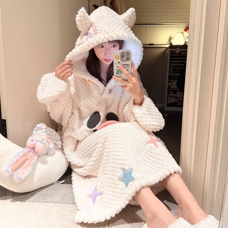 Σετ νυχτικού για κορίτσια το χειμώνα: νυχτικό σε ένα κομμάτι με μισό βελούδο, γλυκό στυλ, στρογγυλός λαιμός, μακριά μανίκια, μακριά φούστα