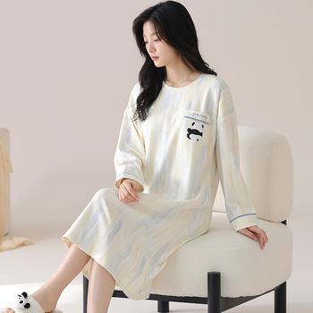 Νυχτικό από βαμβάκι για γυναίκες, μακριά μανίκια, λαιμόκοψη στρογγυλή, μεσαίου μήκους, άνετο για ύπνο