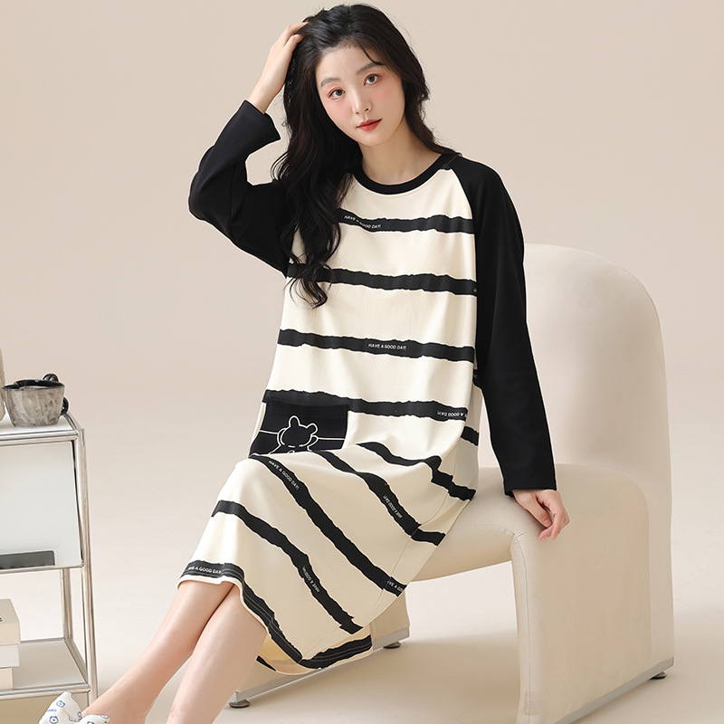 Νυχτικό από βαμβάκι για γυναίκες, μακριά μανίκια, λαιμόκοψη στρογγυλή, μεσαίου μήκους, άνετο για ύπνο