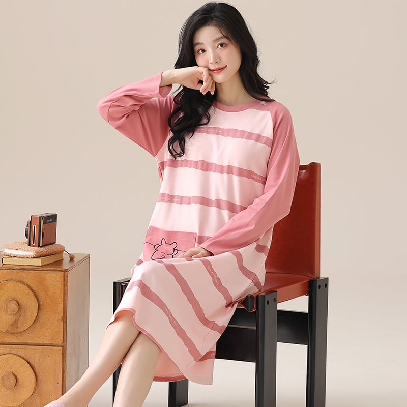 Νυχτικό από βαμβάκι για γυναίκες, μακριά μανίκια, λαιμόκοψη στρογγυλή, μεσαίου μήκους, άνετο για ύπνο