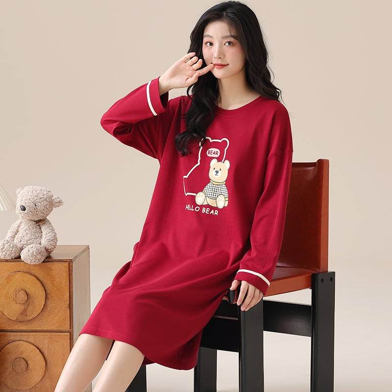 Νυχτικό από βαμβάκι για γυναίκες, μακριά μανίκια, λαιμόκοψη στρογγυλή, μεσαίου μήκους, άνετο για ύπνο