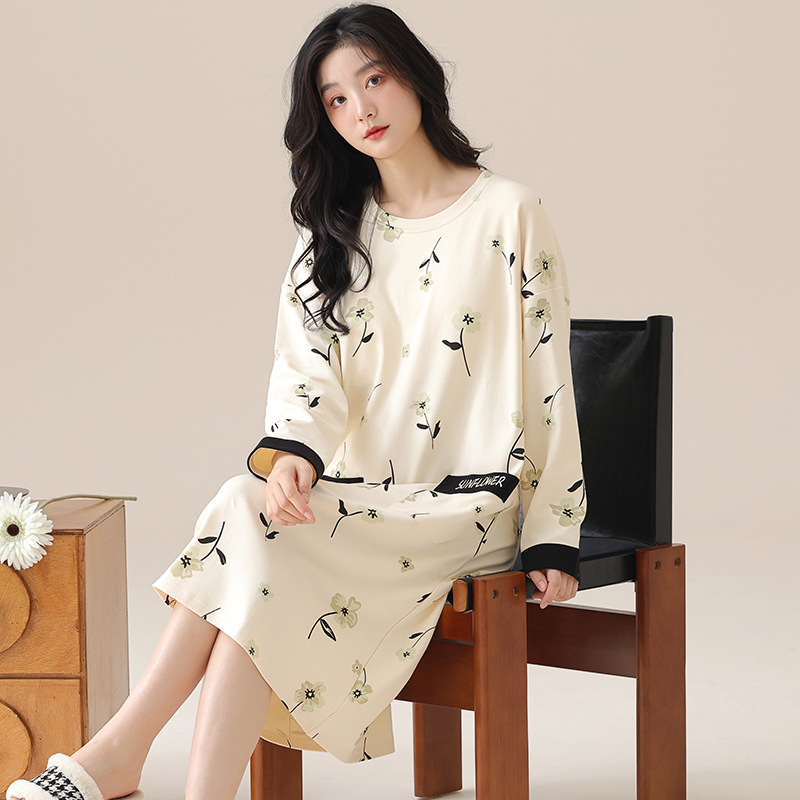 Νυχτικό από βαμβάκι για γυναίκες, μακριά μανίκια, λαιμόκοψη στρογγυλή, μεσαίου μήκους, άνετο για ύπνο