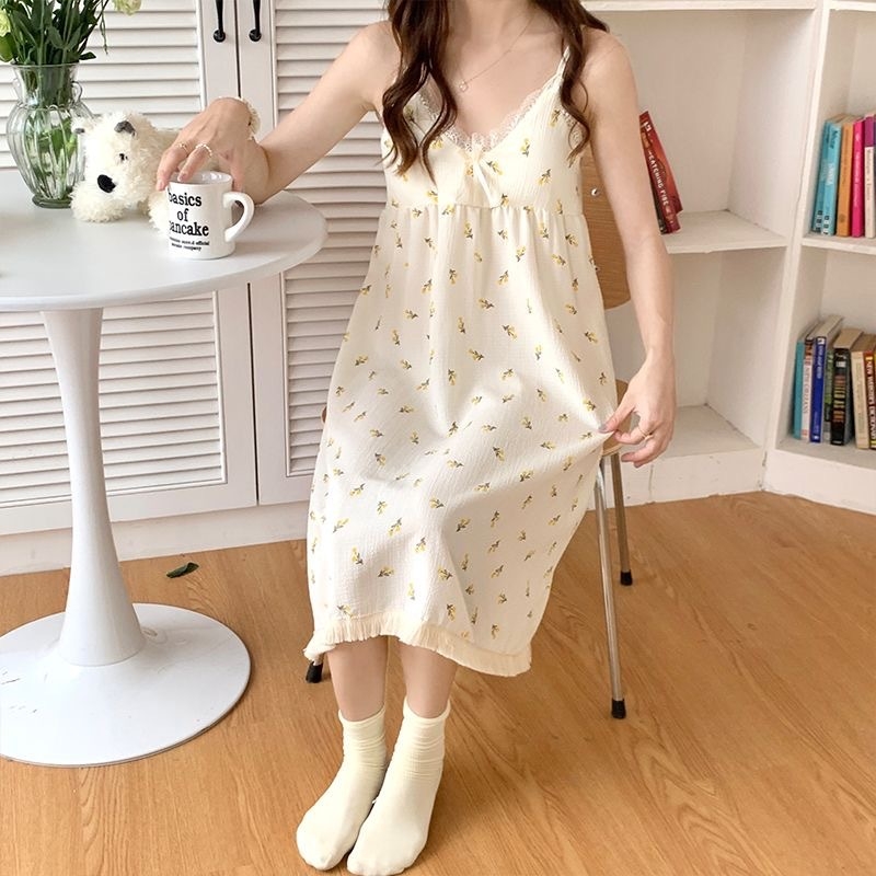 Γυναικείο καλοκαιρινό νυχτικό με τιράντες, βαμβακερό, χωρίς μανίκια, χωρίς γιακά, μίντι μήκος, για οικιακή χρήση