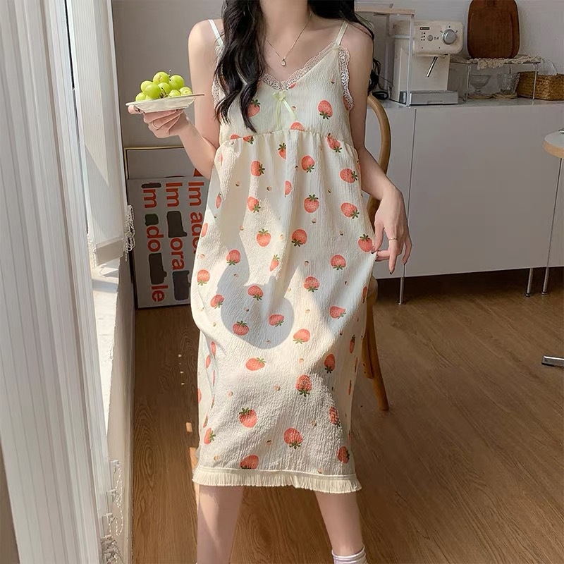 Γυναικείο καλοκαιρινό νυχτικό με τιράντες, βαμβακερό, χωρίς μανίκια, χωρίς γιακά, μίντι μήκος, για οικιακή χρήση