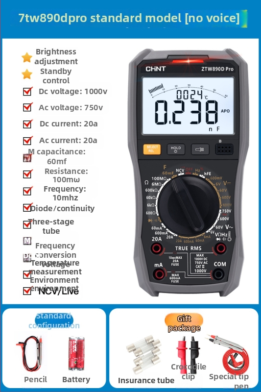 Digitālais multimetrs ar augstu precizitāti un balss paziņojumiem, ķīniešu displejs, inteliģenta aizsardzība pret apdegumiem, demontāžas instrumentu komplekts