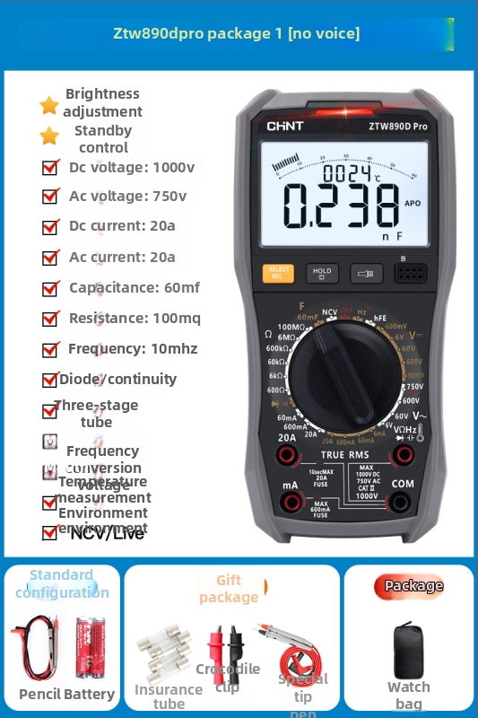Digitālais multimetrs ar augstu precizitāti un balss paziņojumiem, ķīniešu displejs, inteliģenta aizsardzība pret apdegumiem, demontāžas instrumentu komplekts