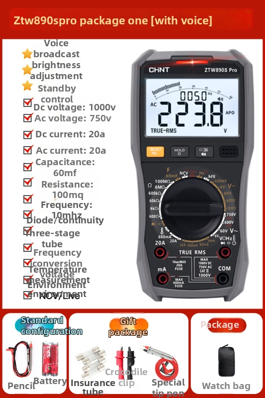 Digitālais multimetrs ar augstu precizitāti un balss paziņojumiem, ķīniešu displejs, inteliģenta aizsardzība pret apdegumiem, demontāžas instrumentu komplekts