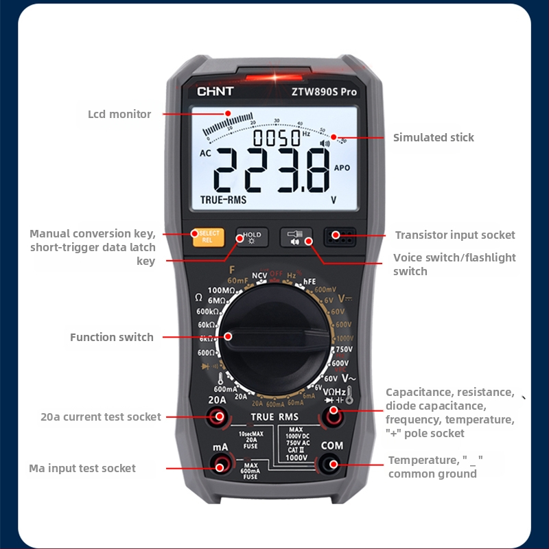 Digitālais multimetrs ar augstu precizitāti un balss paziņojumiem, ķīniešu displejs, inteliģenta aizsardzība pret apdegumiem, demontāžas instrumentu komplekts