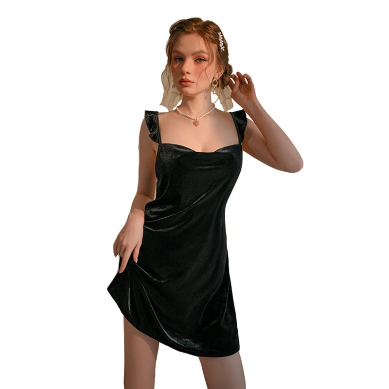 Γυναικείο σετ πιτζάμες από βελούδο με βαθύ V-λαιμό, δαντελένιες επενδύσεις, μακριά μανίκια, κοντή φούστα