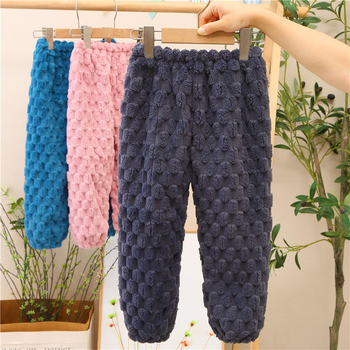 Унисекс детски панталони за домашно облекло от коралов флийс, подплатени с флис, 100% полиестер, корейски стил, зимно домашно облекло за деца на възраст 3–8 години