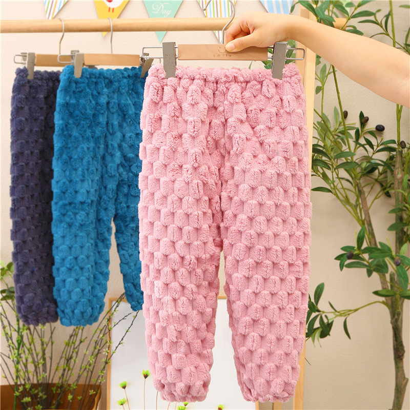 Унисекс детски панталони за домашно облекло от коралов флийс, подплатени с флис, 100% полиестер, корейски стил, зимно домашно облекло за деца на възраст 3–8 години