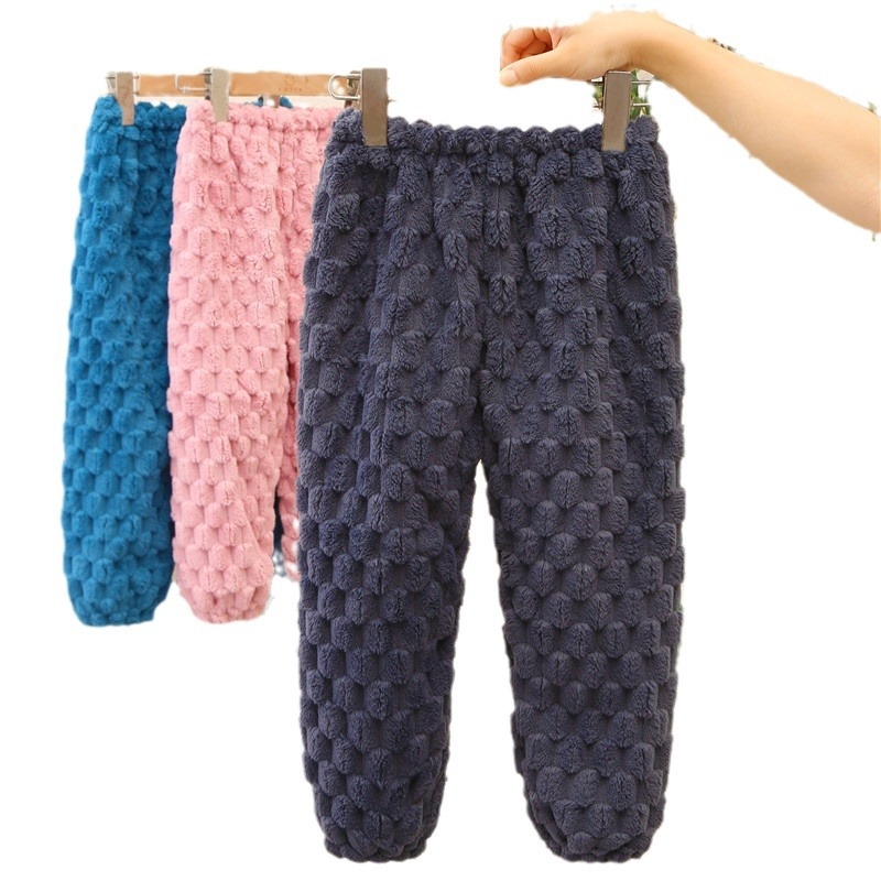 Унисекс детски панталони за домашно облекло от коралов флийс, подплатени с флис, 100% полиестер, корейски стил, зимно домашно облекло за деца на възраст 3–8 години