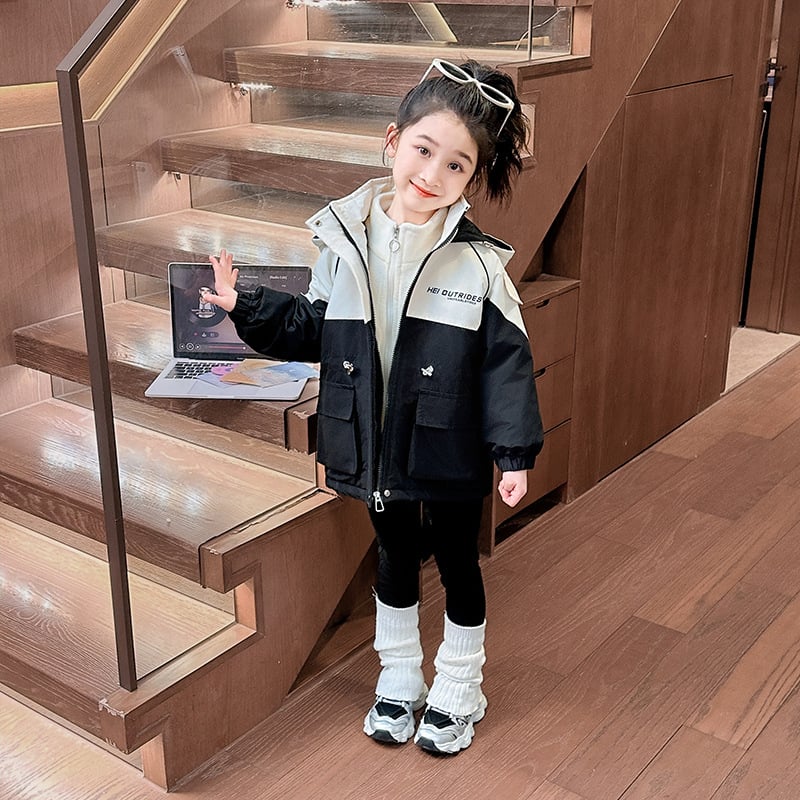 Детско яке за момичета с буквен принт, качулка и яка-стойка, цип, есен-зима 2025