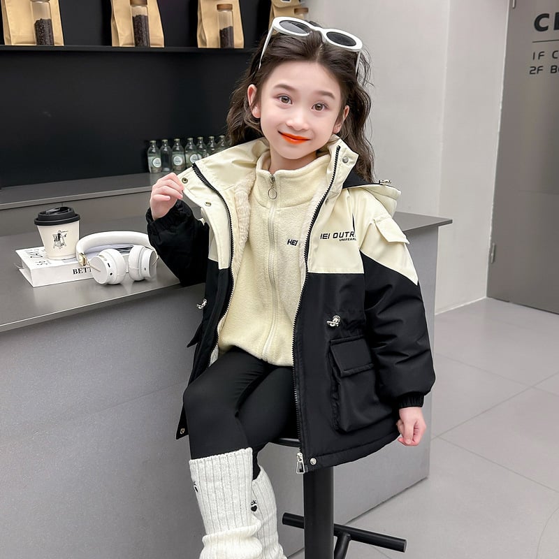 Детско яке за момичета с буквен принт, качулка и яка-стойка, цип, есен-зима 2025