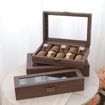 12 skyrių laikrodžių laikymo dėžutė, retro medžio rašto PU oda, die-cut technologija, medžio rašto odos modelis, papuošalų ekspozicija