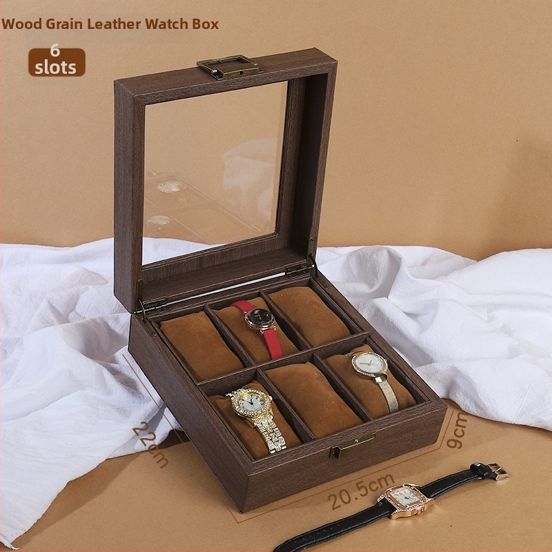 12 skyrių laikrodžių laikymo dėžutė, retro medžio rašto PU oda, die-cut technologija, medžio rašto odos modelis, papuošalų ekspozicija