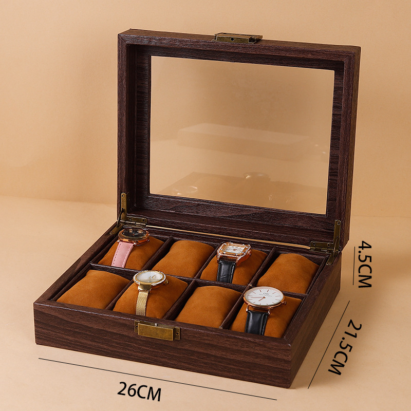 12 skyrių laikrodžių laikymo dėžutė, retro medžio rašto PU oda, die-cut technologija, medžio rašto odos modelis, papuošalų ekspozicija