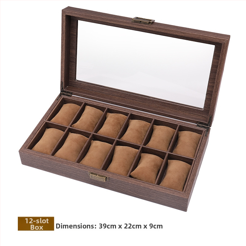 12 skyrių laikrodžių laikymo dėžutė, retro medžio rašto PU oda, die-cut technologija, medžio rašto odos modelis, papuošalų ekspozicija