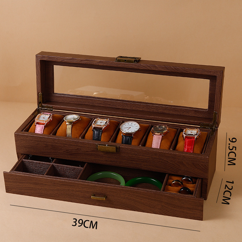 12 skyrių laikrodžių laikymo dėžutė, retro medžio rašto PU oda, die-cut technologija, medžio rašto odos modelis, papuošalų ekspozicija