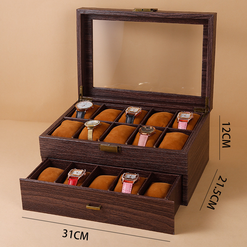 12 skyrių laikrodžių laikymo dėžutė, retro medžio rašto PU oda, die-cut technologija, medžio rašto odos modelis, papuošalų ekspozicija