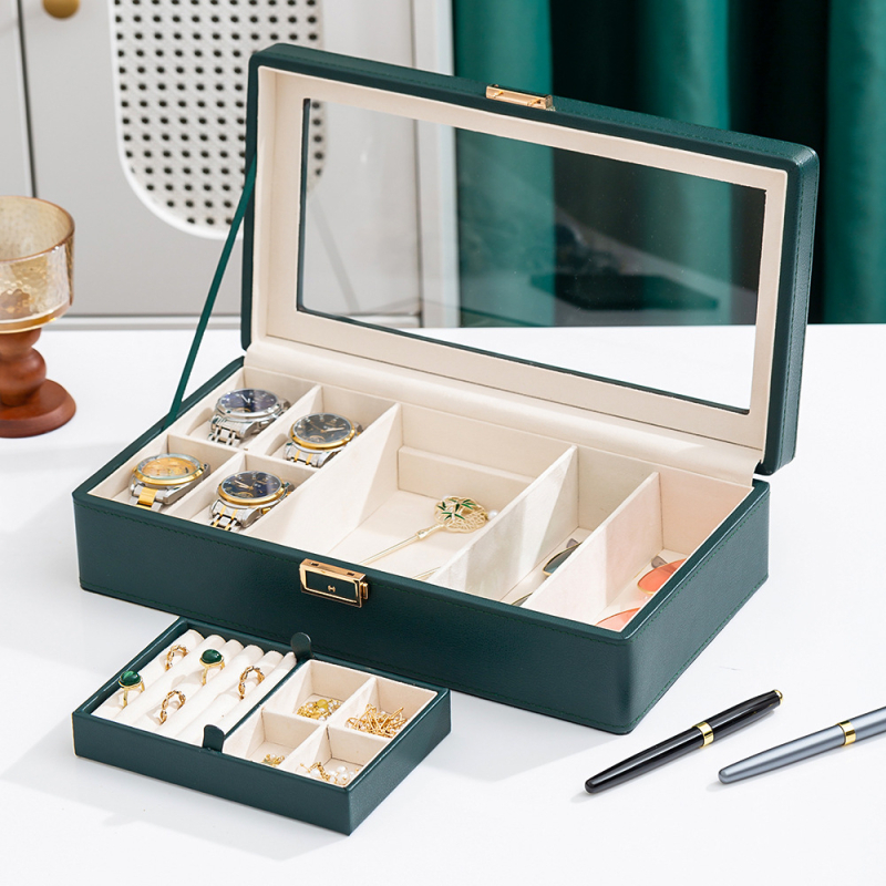 Kožna kutija za satove i nakit s uzorkom Lychee, 3, 6 ili 12 pretinaca, jednostruka ili dvostruko složena, pakiranje poput poklon kutije s poklopcem i dnom