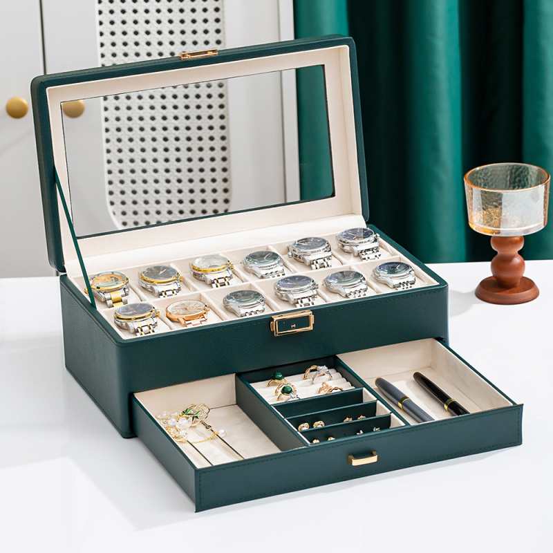 Kožna kutija za satove i nakit s uzorkom Lychee, 3, 6 ili 12 pretinaca, jednostruka ili dvostruko složena, pakiranje poput poklon kutije s poklopcem i dnom