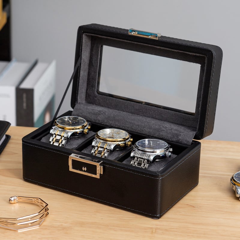 Kožna kutija za satove i nakit s uzorkom Lychee, 3, 6 ili 12 pretinaca, jednostruka ili dvostruko složena, pakiranje poput poklon kutije s poklopcem i dnom