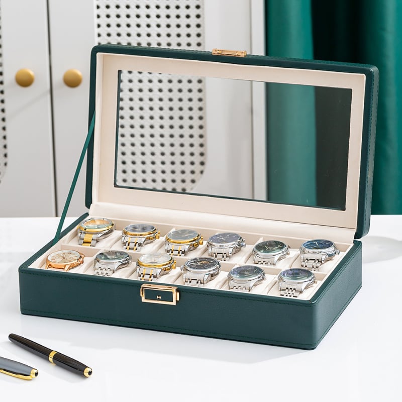 Kožna kutija za satove i nakit s uzorkom Lychee, 3, 6 ili 12 pretinaca, jednostruka ili dvostruko složena, pakiranje poput poklon kutije s poklopcem i dnom