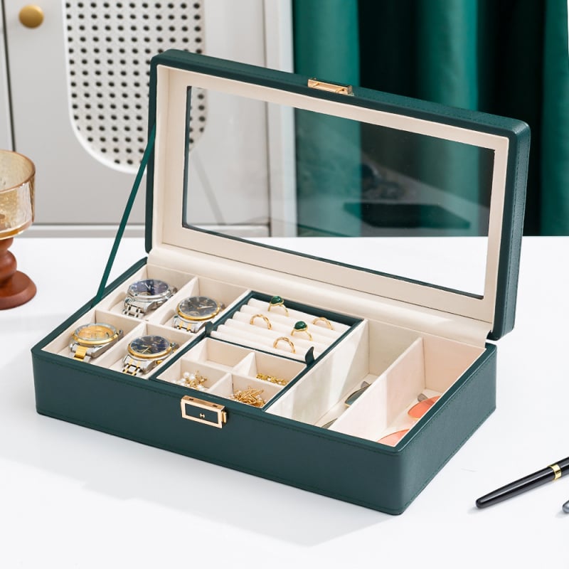 Kožna kutija za satove i nakit s uzorkom Lychee, 3, 6 ili 12 pretinaca, jednostruka ili dvostruko složena, pakiranje poput poklon kutije s poklopcem i dnom